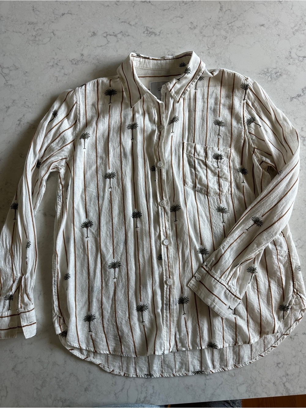 Rails Cream Palm-Print Button-Down Shirt with Brown Stripes